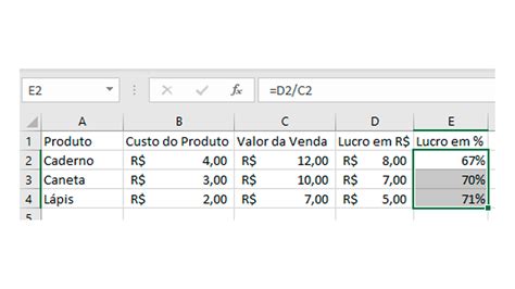 como calcular percentual no excel.